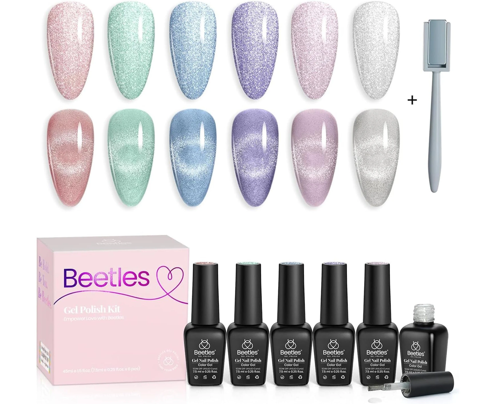 beetles Gel Polish 6 Colors Holographic Glitter Cat Eye Gel Nail Polish Kit with Magnet Romantic Galaxy Series Soak Off Uv Led Gel Nail Polish Set Home Diy