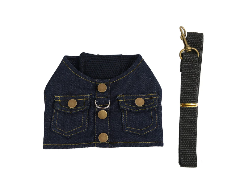 Dog Jean Jacket Harness Soft Comfortable Breathable Dog Denim Vest Harness with Nylon Leash for Pet Dog Cat Dark Blue M