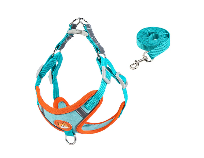 Pet Harness Leash Reflective Stripe Breathable Comfortable Adjustable Dog Vest Leash Set for Outdoor Walking Travel Lake Blue M