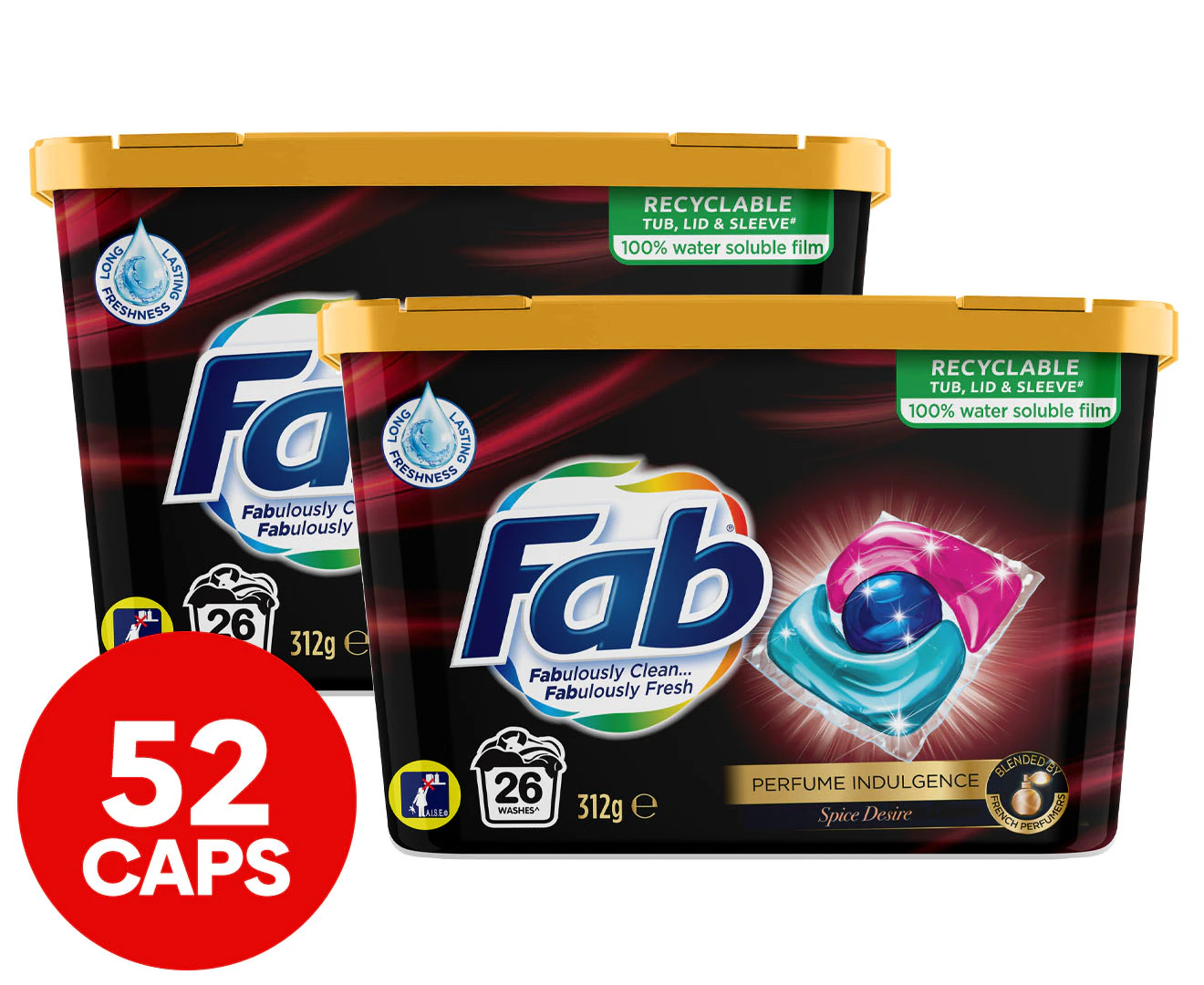 2 x 26pk Fab Spice Desire Front & Top Loader Laundry Detergent Triple Caps