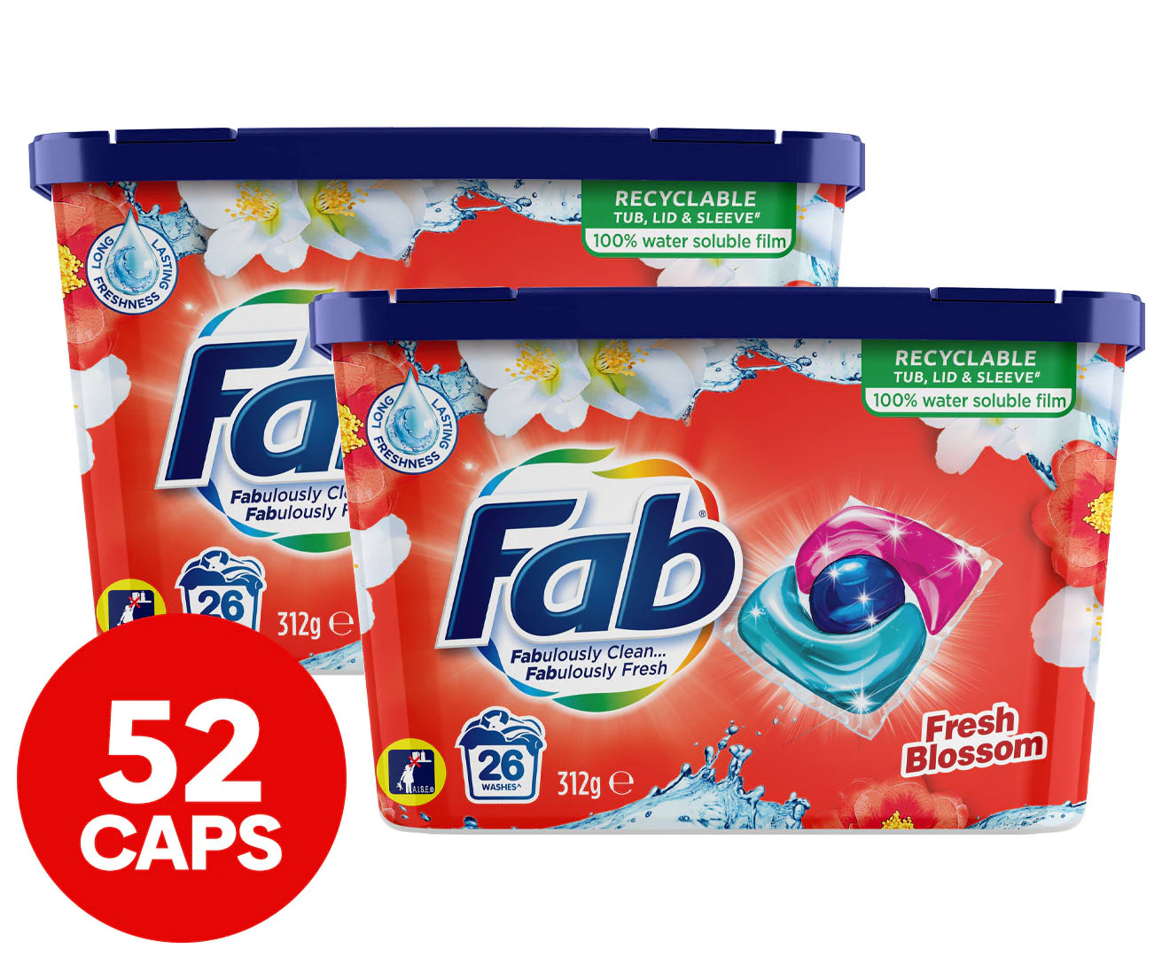 2 x 26pk Fab Fresh Blossom Front & Top Loader Laundry Detergent Triple Caps