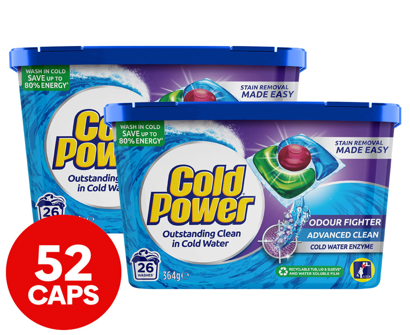 2 x 26pk Cold Power Odour Fighter Triple Caps Laundry Capsules 390g