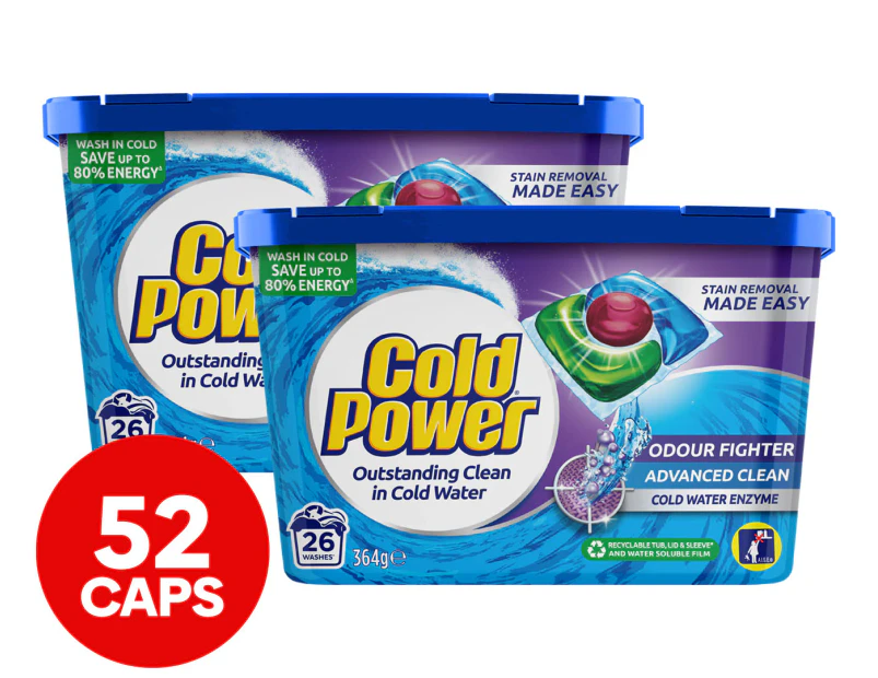 2 x 26pk Cold Power Odour Fighter Triple Caps Laundry Capsules 390g