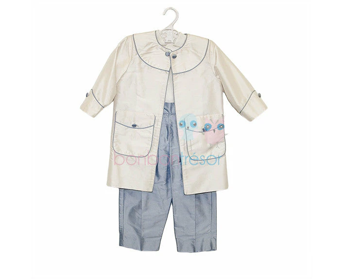 Christening Baby Boy Silk 3 Piece Blue Suit Set