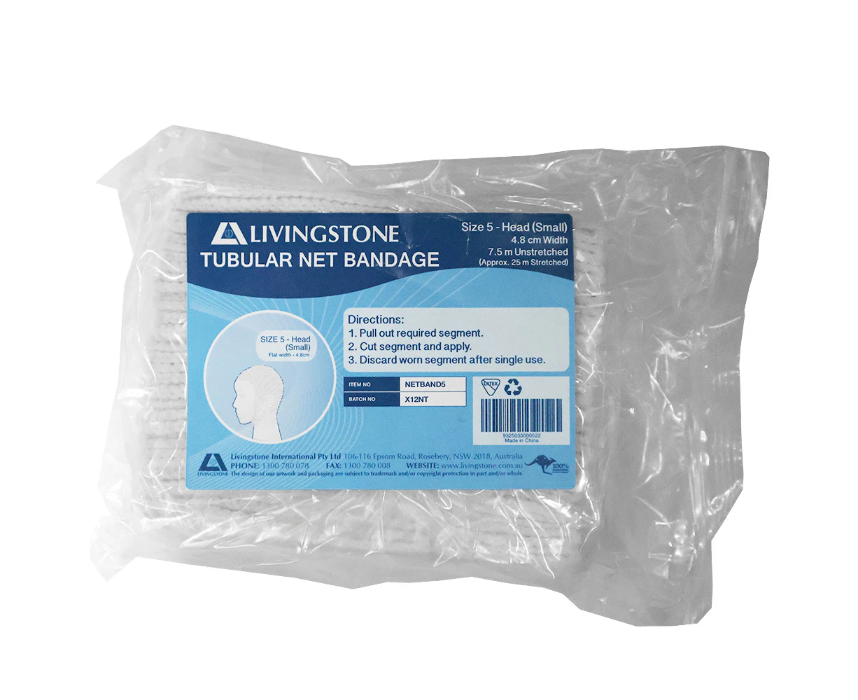 Livingstone Tubular Net Bandage, Size F, No. 5, Small Head, Flat Width: 48mm, 7.5m (Unstretched), 25m (Stretched) 1 Roll/Box