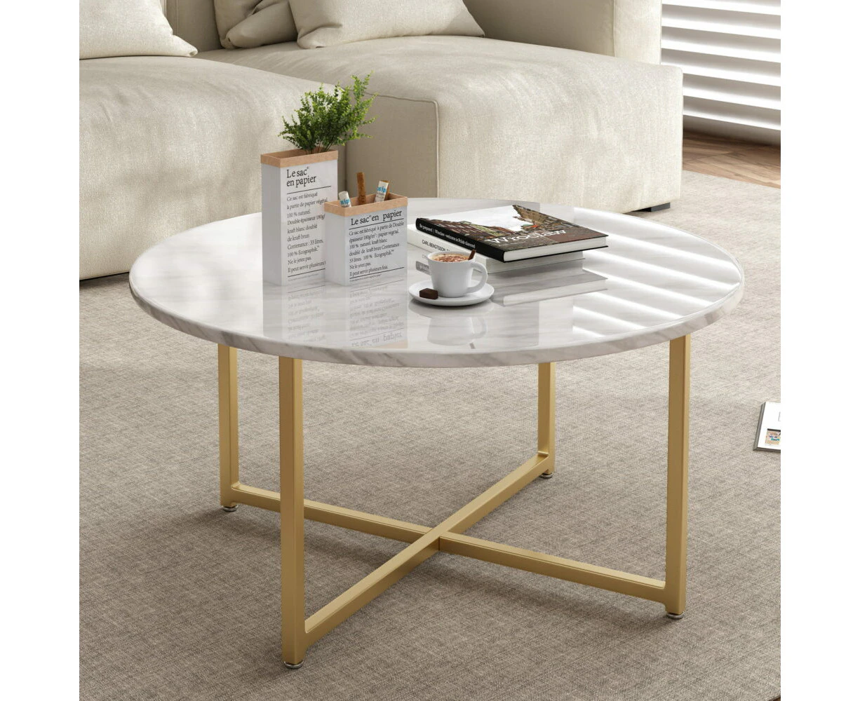 DREAMO Round Coffee Table White Marble Effect with Gold Legs