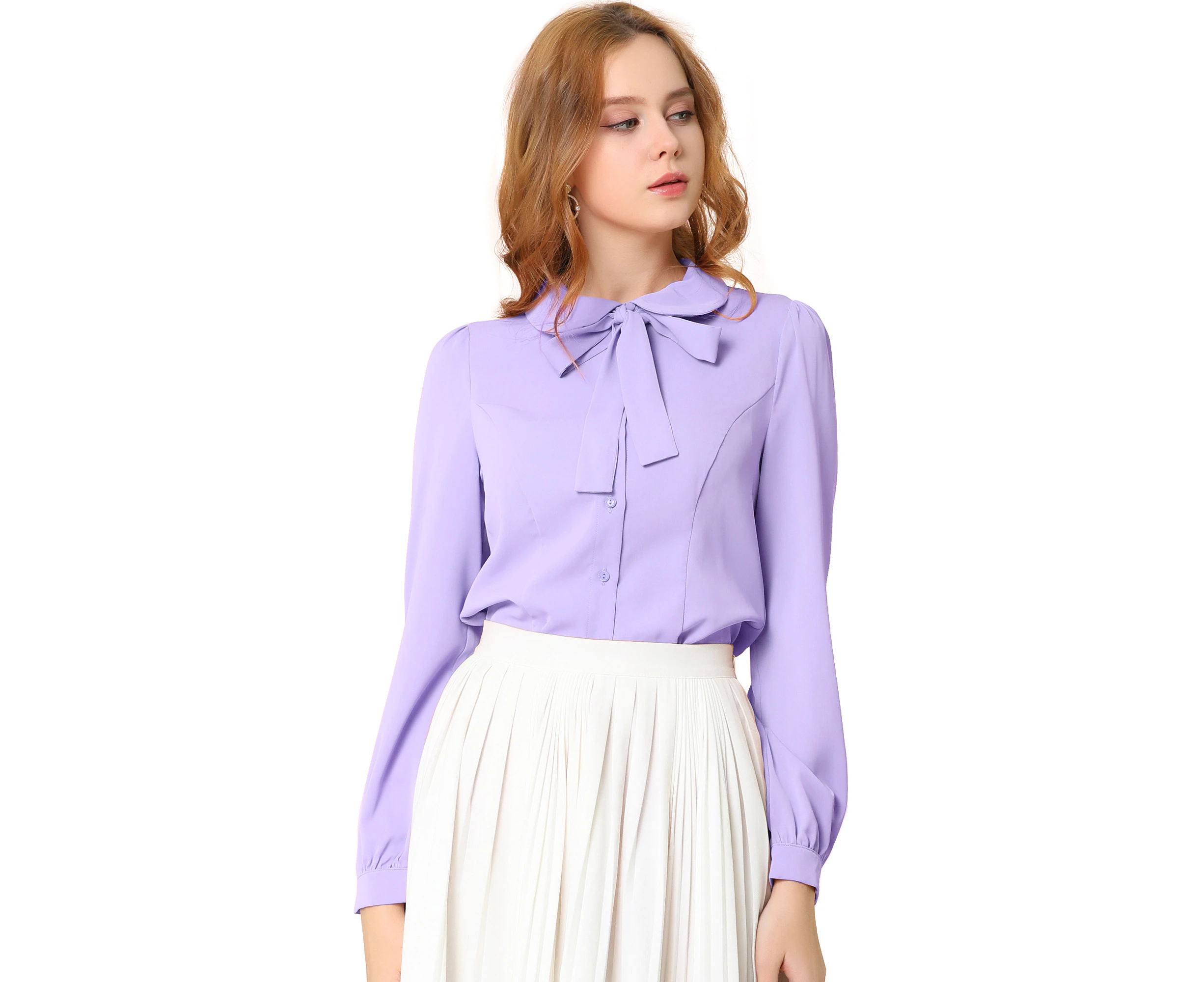 Allegra K Peter Pan Collar Bow Tie Neck Shirt Light Purple