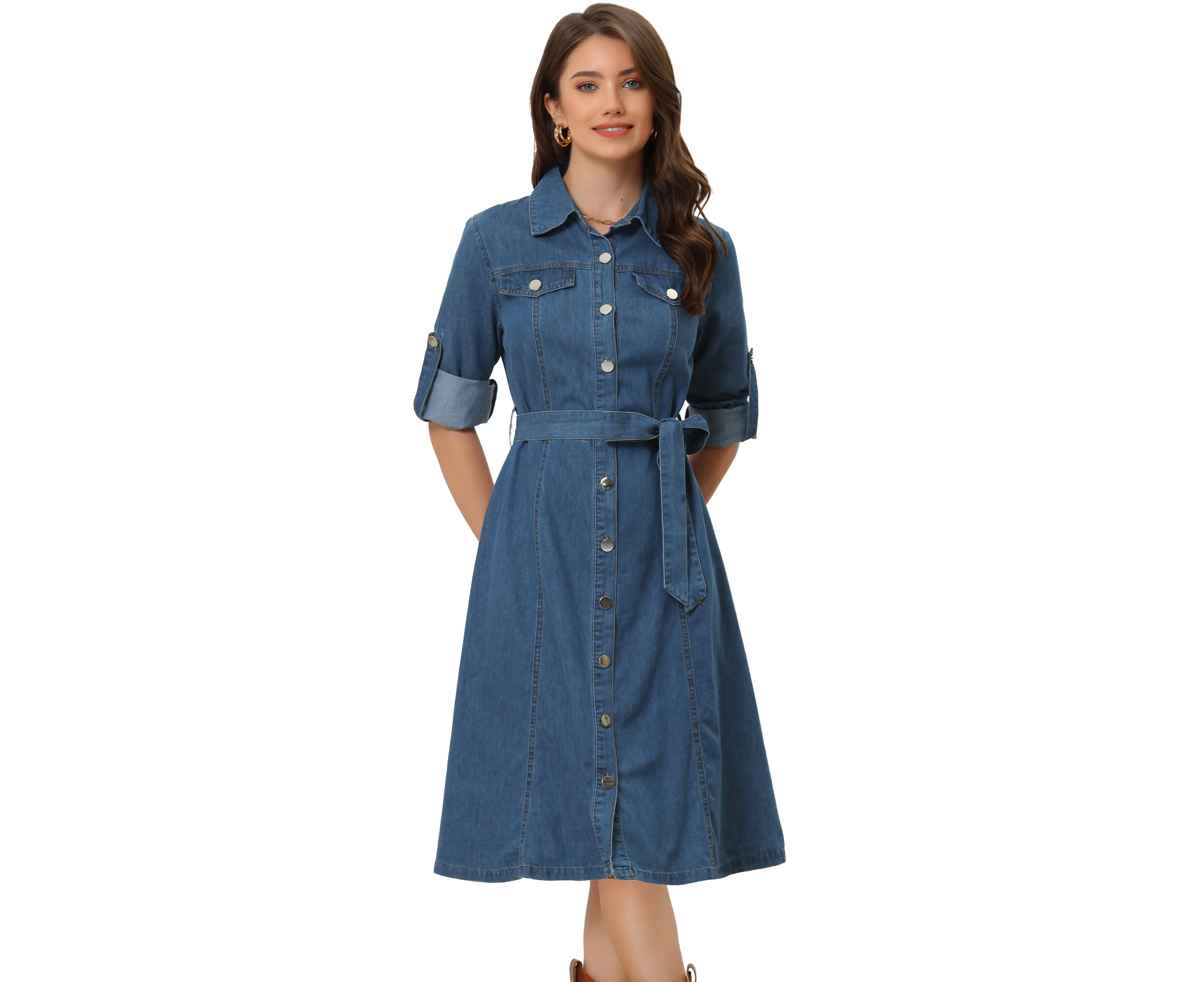 Allegra K Denim Long Sleeve Button Down A-Line Belted Classic Dress Blue