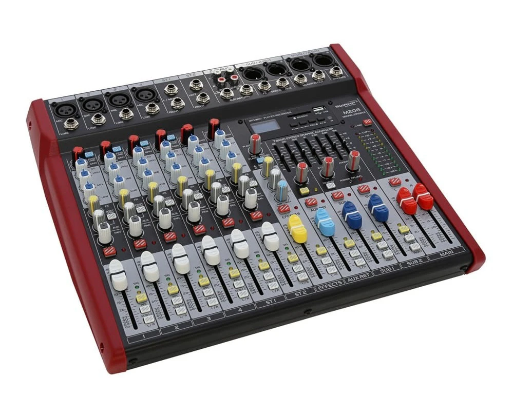 SWAMP 6 Channel Mixing Desk Console 4 Preamps Mixer FX, AUX, USB, MP3, Bluetooth