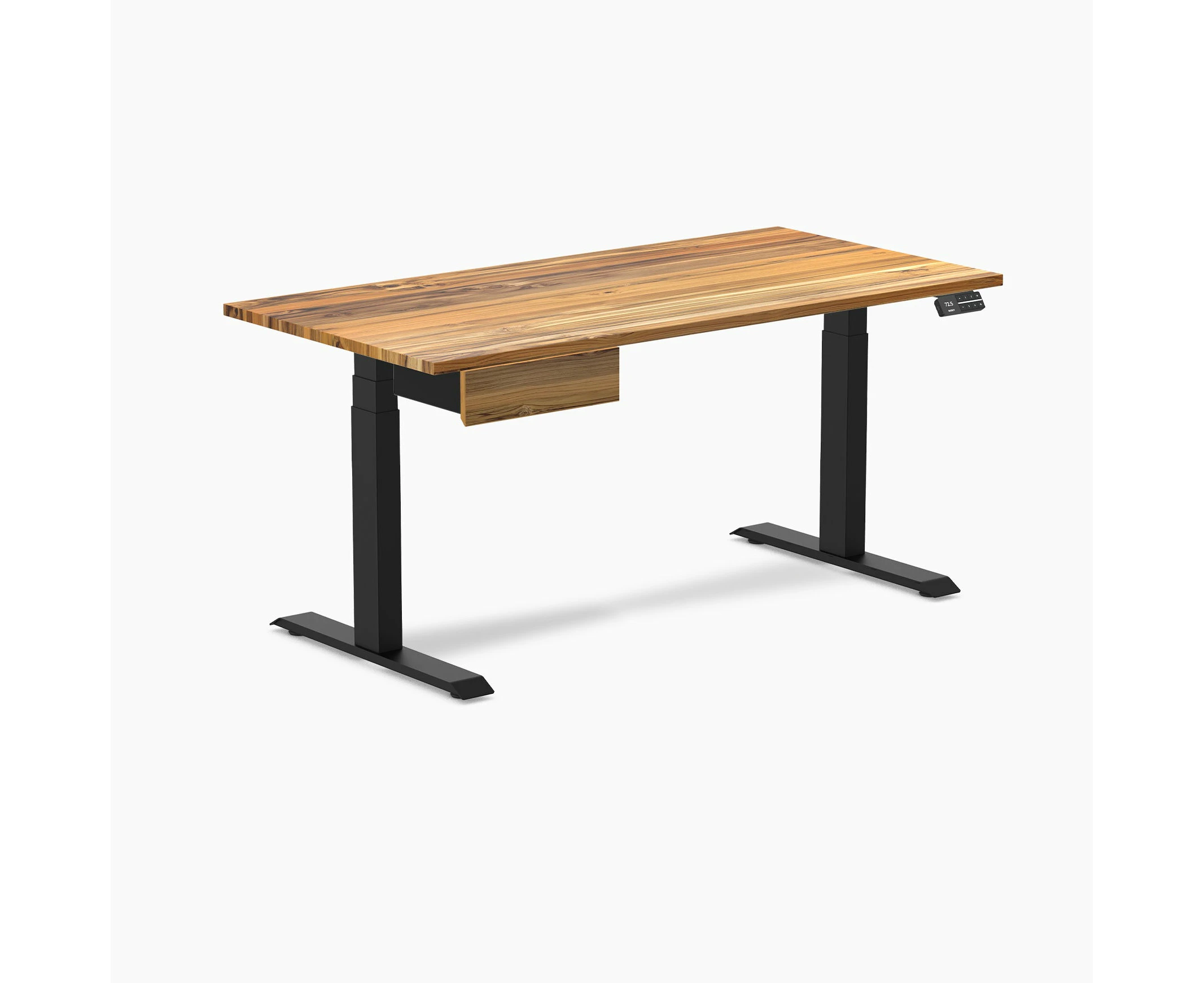 Desky Dual Hardwood Standing Desk With Drawer - Teak / Matte Black