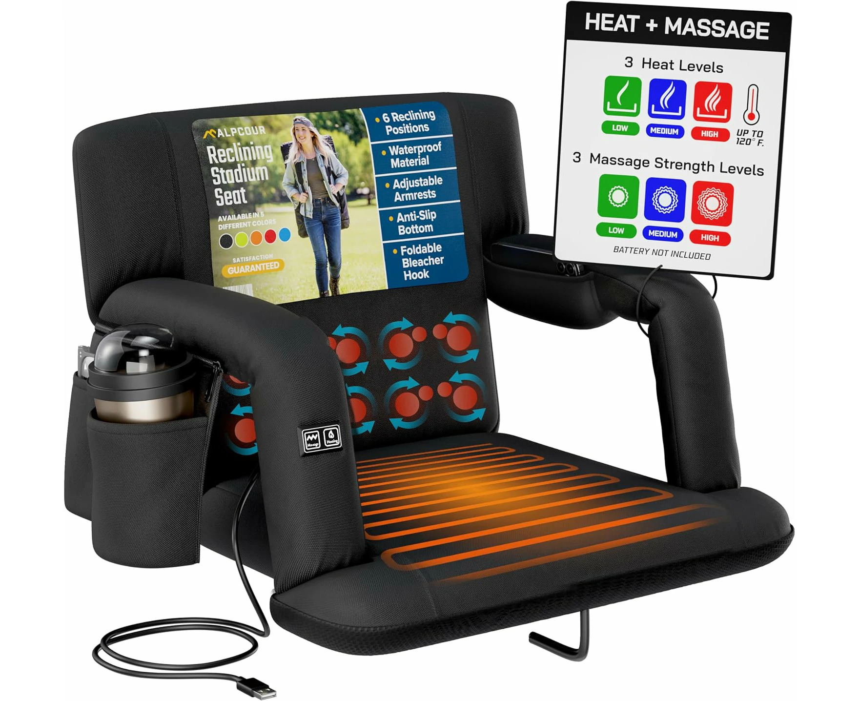 Alpcour Wide Heated Massage Reclining Stadium Seat - Waterproof Foldable Camping Chair with Extra Thick Padding and Wide Back Support