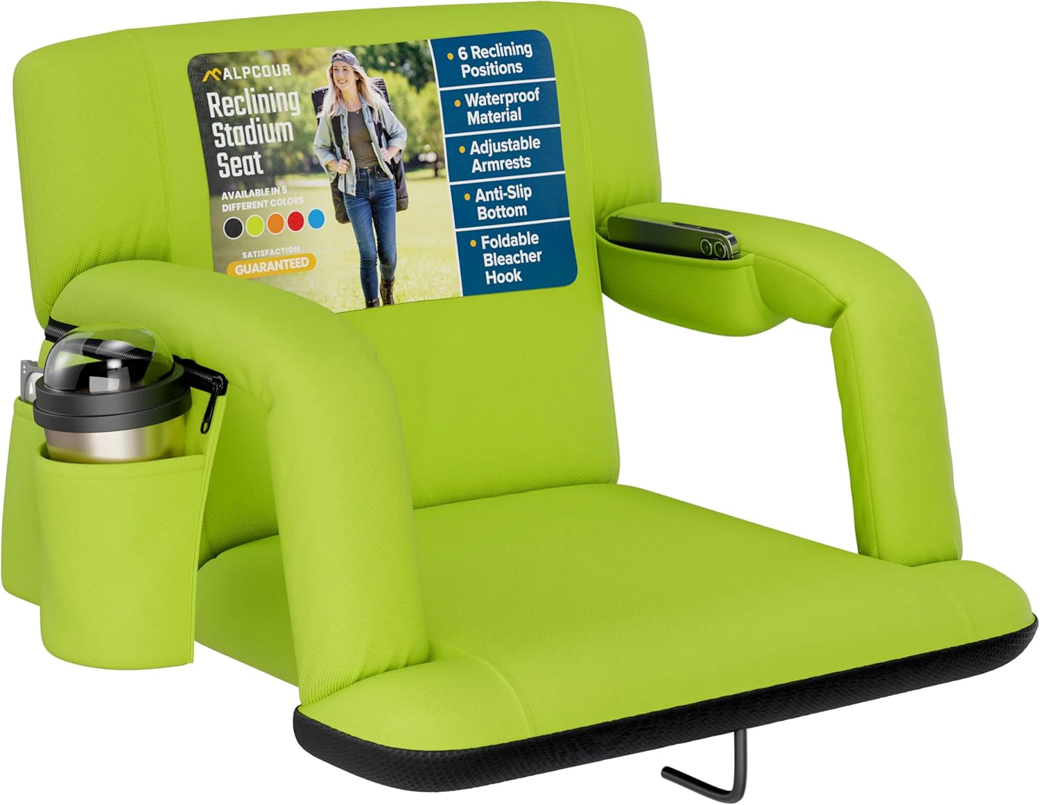 Alpcour Wide Reclining Stadium Seat - Waterproof Foldable Camping Chair with Extra Thick Padding and Wide Back Support - Lime