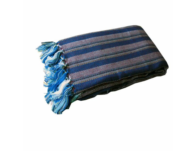 Liam Acrylic Knitted Striped Blanket Throw Rug Fringe 127 x 152cm Blue