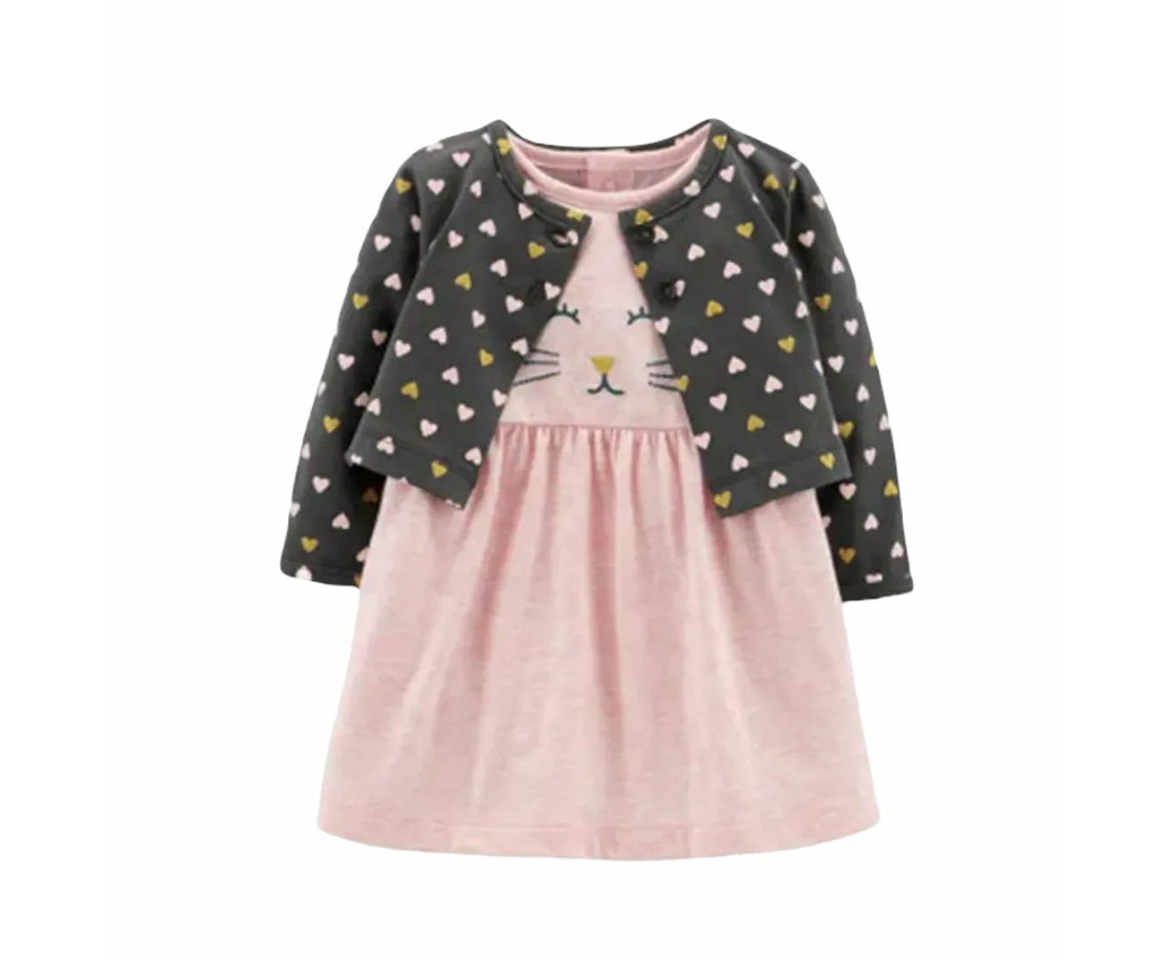 2-Piece Baby Girl's Long Sleeve Coat and Pink Kitty Dress