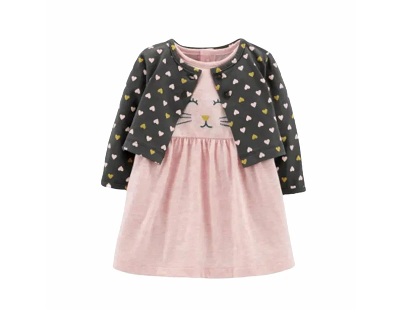 2-Piece Baby Girl's Long Sleeve Coat and Pink Kitty Dress