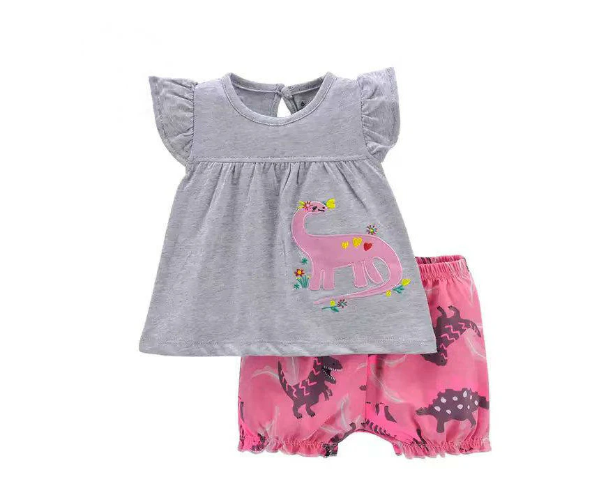 Baby Girl Shorts Set - Grey Flying Sleeves & Pink Dino Pattern