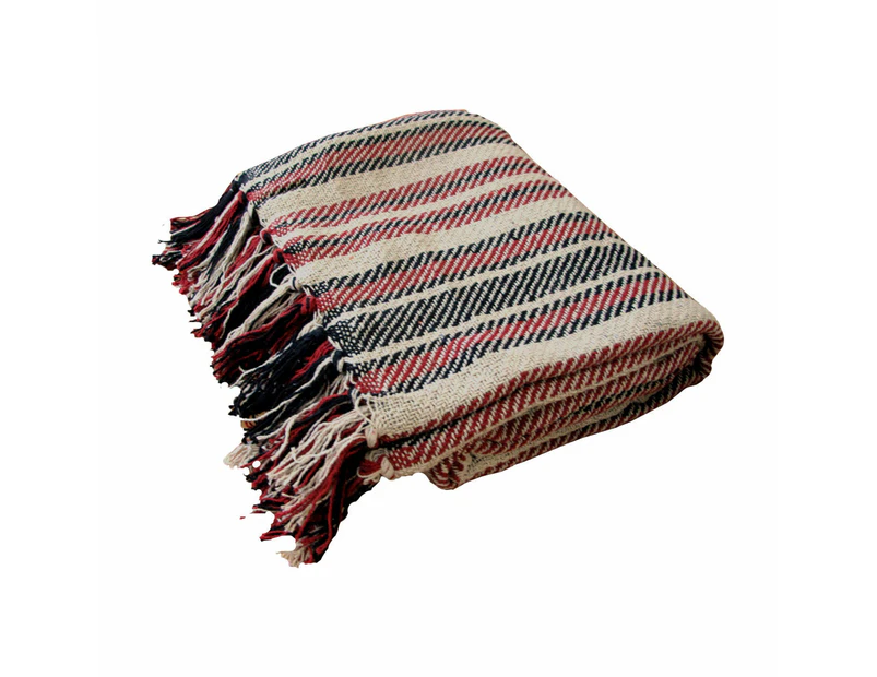 Stella Striped Cotton Knitted Blanket Throw Rug 125 x 150cm Natural Red