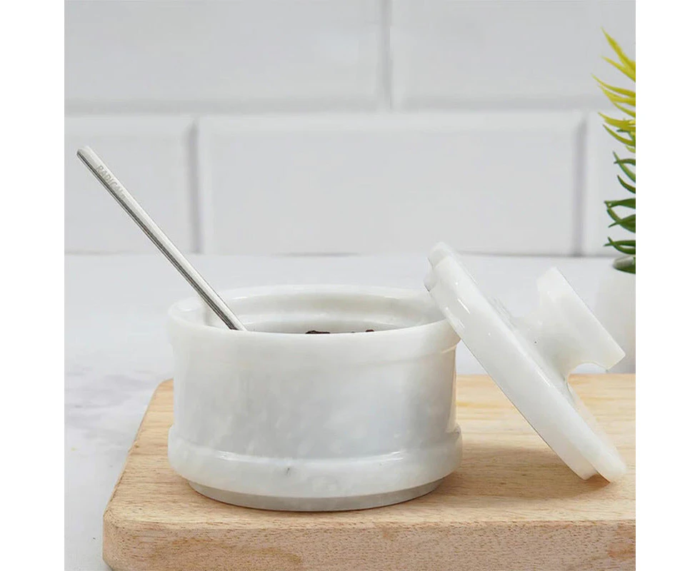 Marble Salt Cellar With Lid And Spoon 4" Inch Handmade Sugar Bowl Seasoning Containers - Salt And Pepper Holder & Coffee Beans Storage - Salt Container...