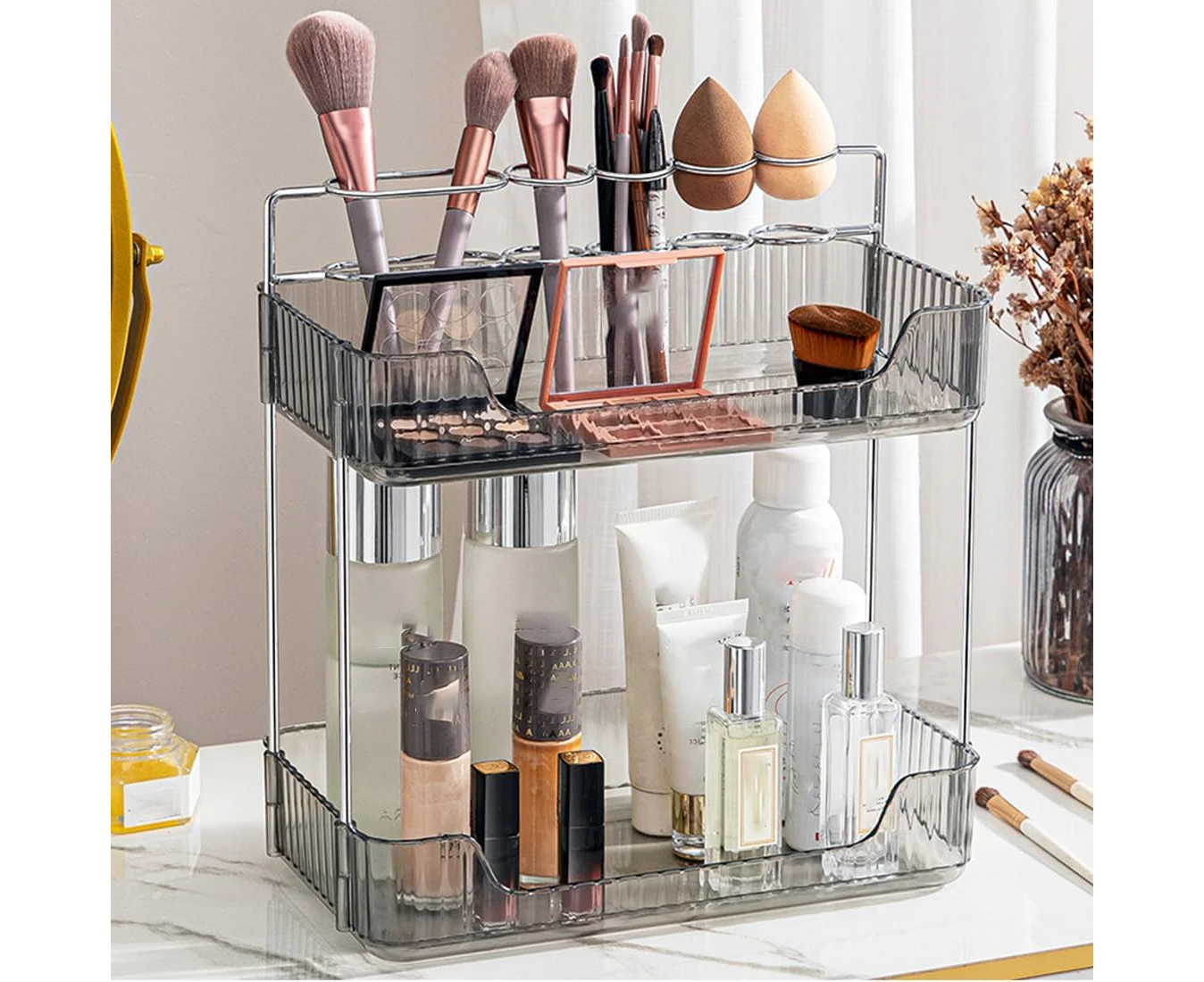 SYAMEET Makeup Organiser with Makeup Brush Holder, High-Capacity Skincare Clear Make Up Storage,Bathroom Counter Organiser Countertop Storage for Cosmetic,