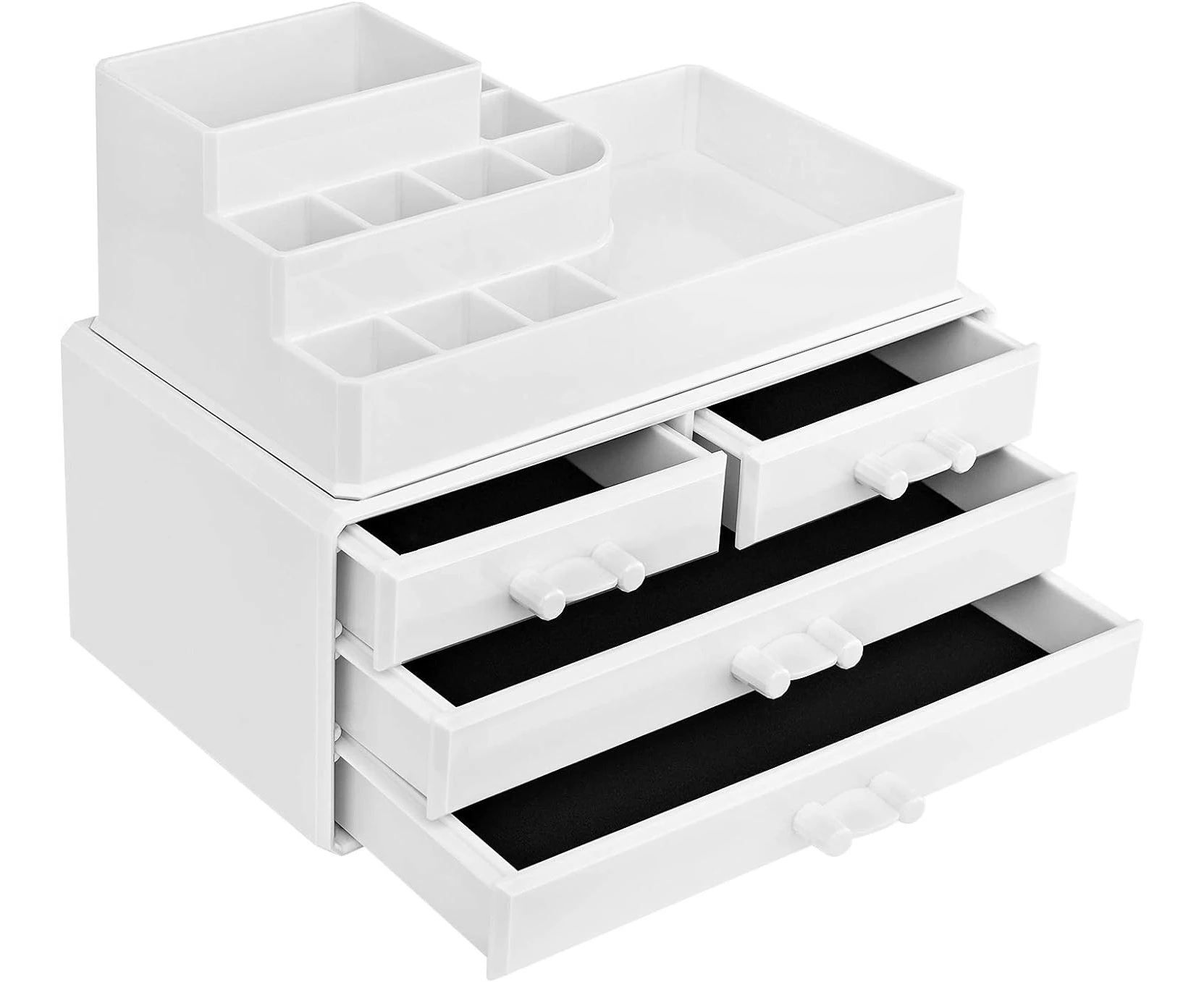 SONGMICS Makeup Organiser, Cosmetic Organiser with 4 Drawers and 11 Compartments in Different Sizes, Non-Slip Inserts, for Makeup and Jewellery, White JKA0