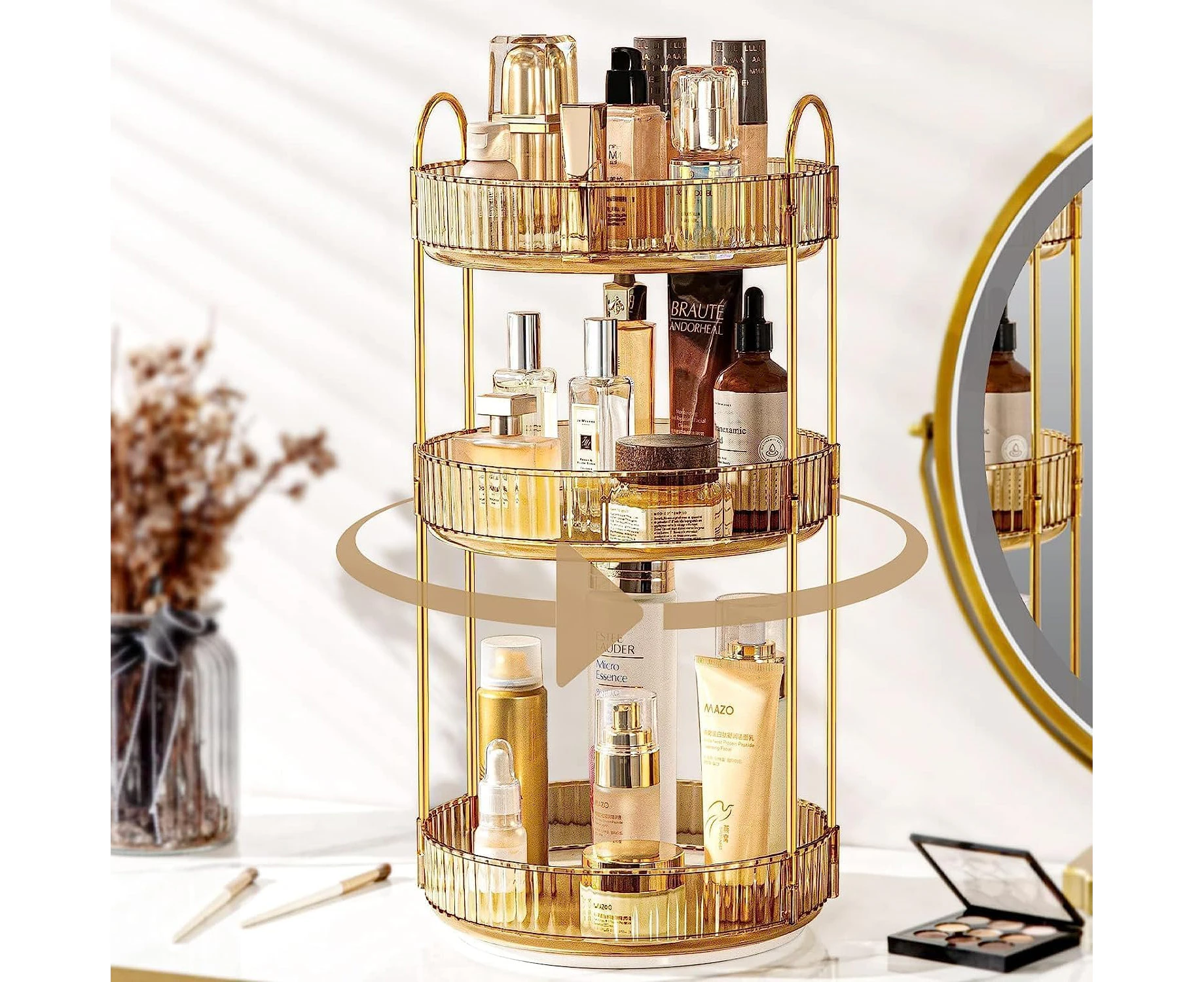 SYAMEET 3 Tier Rotating Makeup Organizer,360 Rotating High-Capacity Skincare Clear Make Up Storage,Bathroom Makeup Carousel Spinning Holder for Cosmetic, S