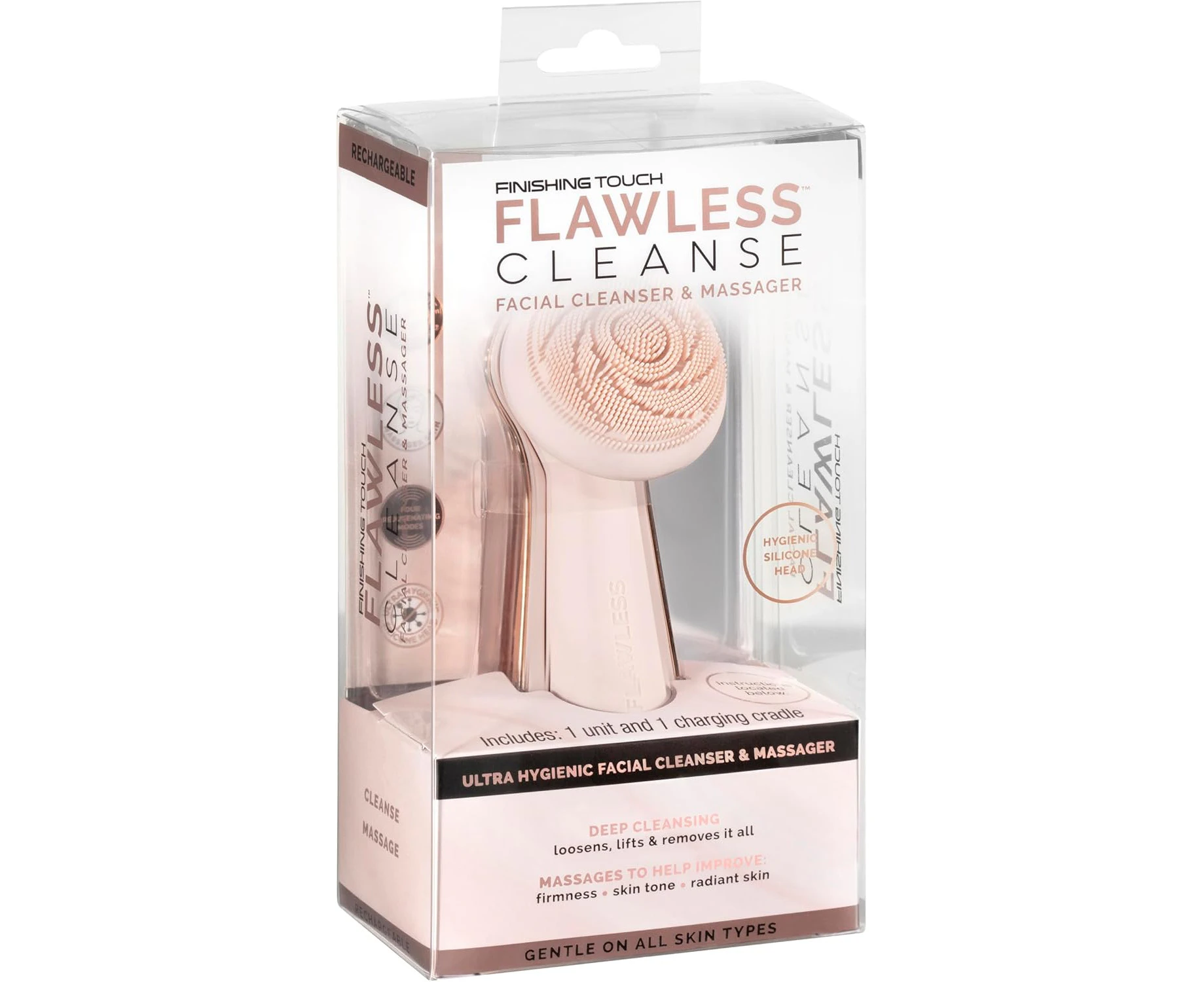 Finishing Touch Flawless Facial Cleansing Brush & Massager - Cleanses & Massages - Ultra Hygienic Silicone Head - Fully Water resistant - Rechargeable & Co