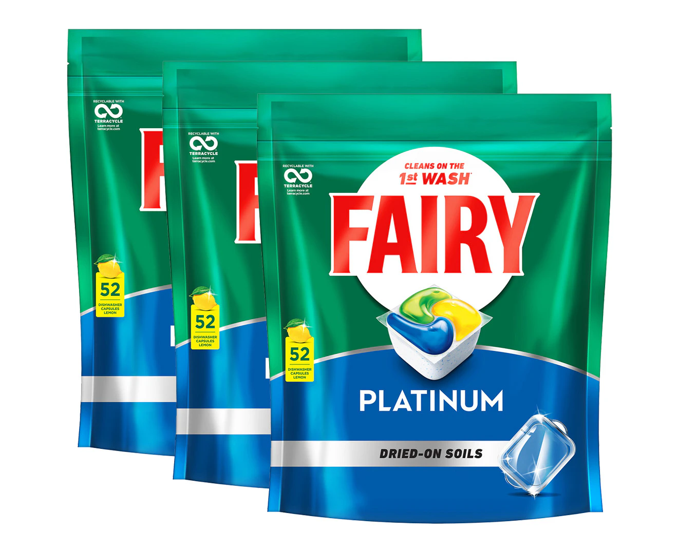 3 x 52pk Fairy Platinum All In One Dishwasher Capsules Lemon