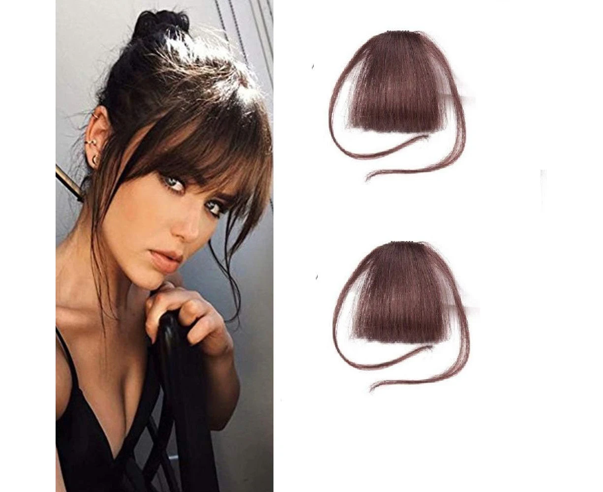 Thin Neat Air Bangs Clip in Hair Extensions Front Neat Bang Fringe One Piece Striaght Hairpiece Accessories (With Sideburn, Dark Brown)