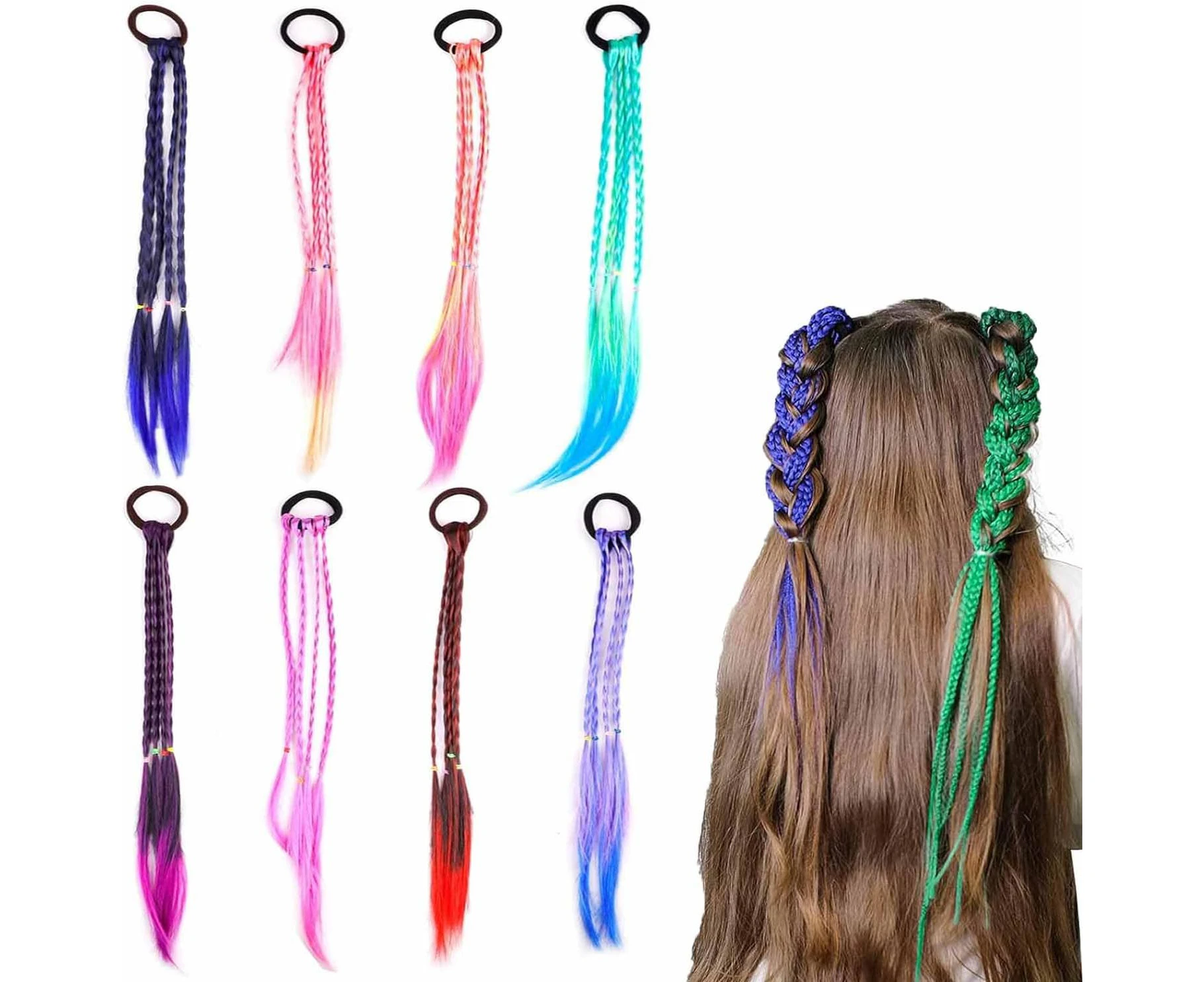 Roczential Colorful Wig Braid Head Rope, 8 Pack Colored Braids Hair Extensions with Rubber Bands, Rainbow Twist Braid Rope Synthetic Hairpieces Ponytail Ha