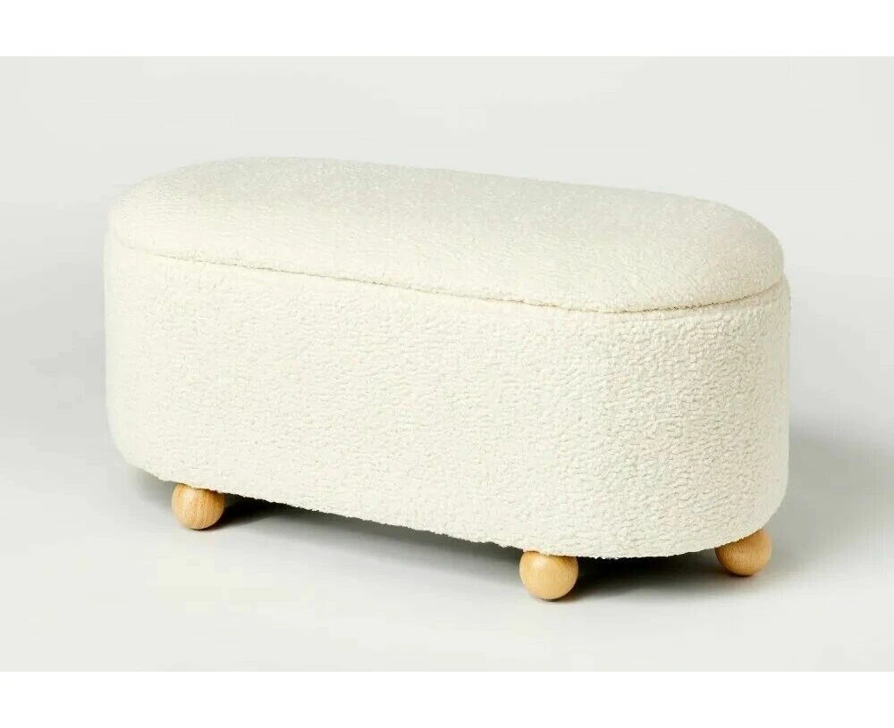 Boucle storage ottoman blanket box footstool in ivory white 95cm Length