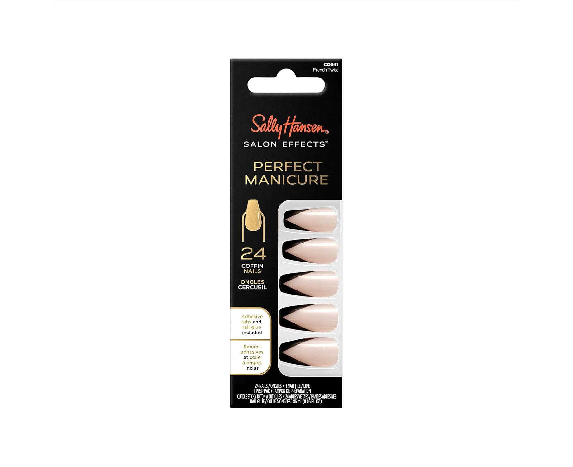 Salon Effects Perfect Manicure - CO341 French Twist Coffin Nails by Sally Hansen for Women - 52 Pc 24 Nails, 24 Adhesive Tabs, Nail File, Pre Pad, Cuticle