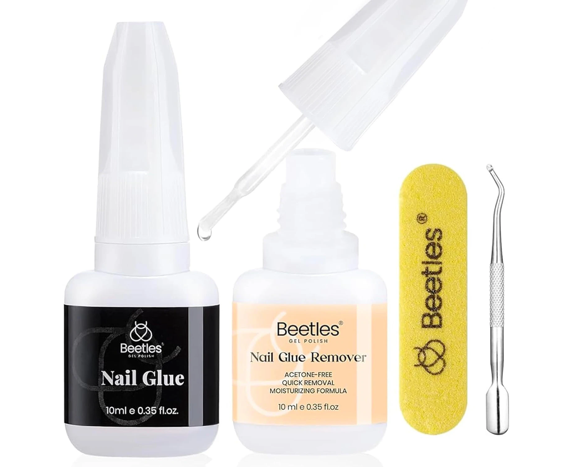 Beetles Nail Glue with Glue Remover Kit, 2 * 10ML Super Strong Nail Glue for Acrylic Press on Nails, Nail Glue Remover Easy to Remove Glue Off Fake Nails N