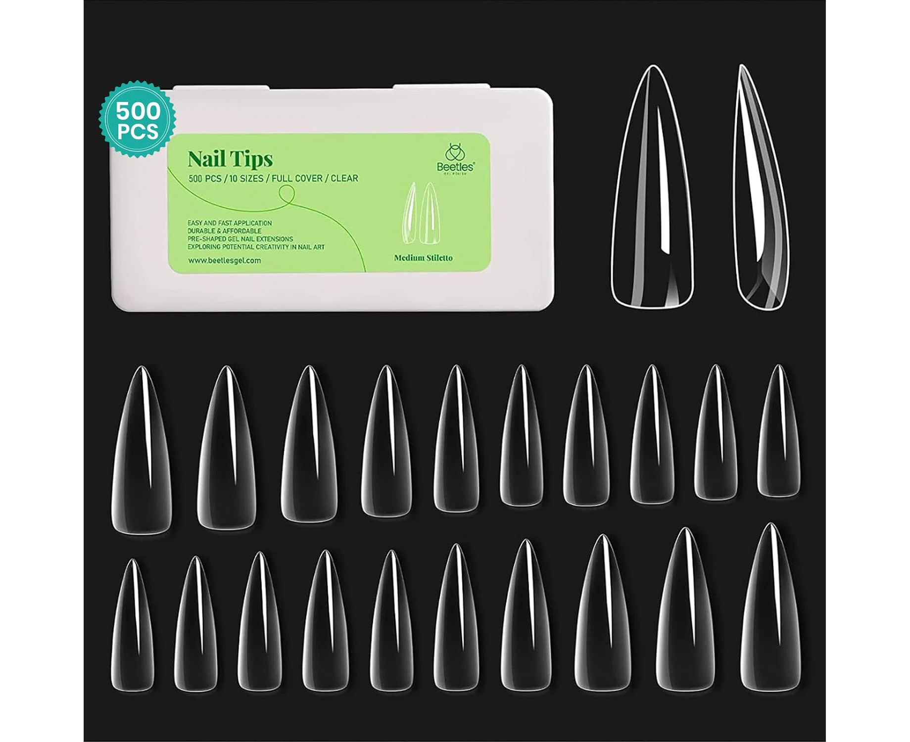 beetles Gel Polish Gel Nails Medium Stiletto 500Pcs Soft Gel Nail Tips Pre Shaped Clear Full Cover False Nails for Gel Art Polish Soak Off Lamp Easy Nail E