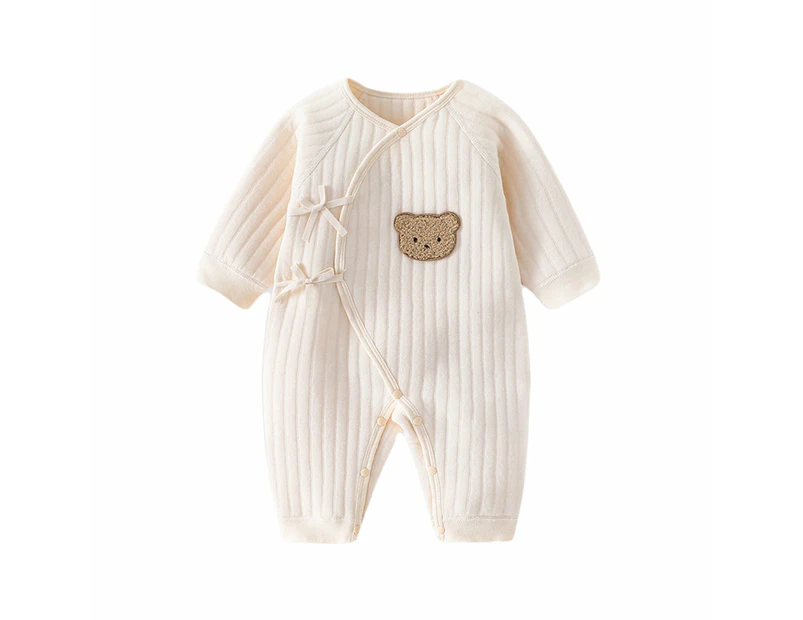 Baby Romper with Bear Embroidery - Beige