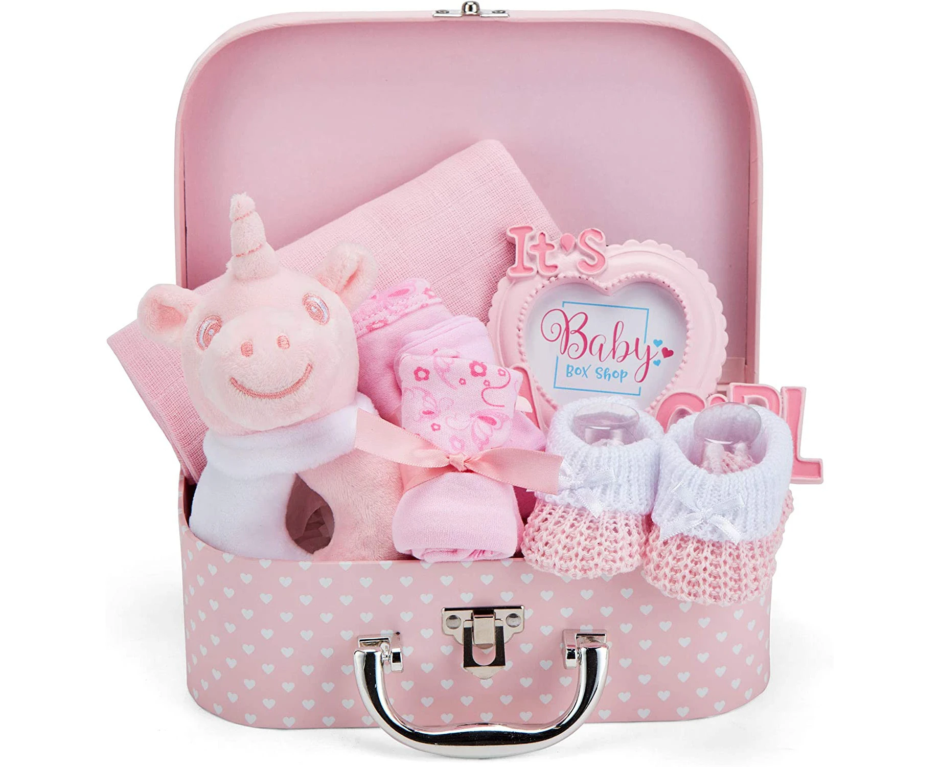 Baby Box Shop Newborn Baby Girl Gifts - 7 Baby Gifts Including Baby Essentials for Newborn Girl, Baby Girl Hamper, Baby Shower Gifts Girl - New Born Baby G