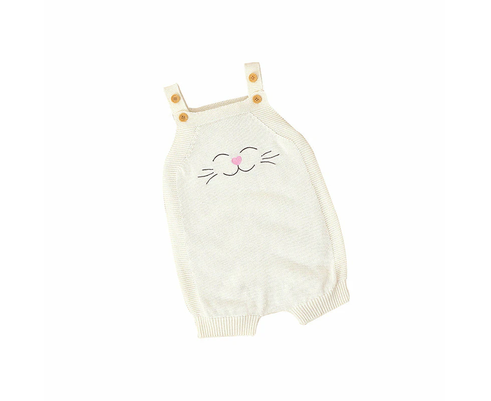 Baby Knitted Sleeveless Overallset - White with Cute Smiley Cat