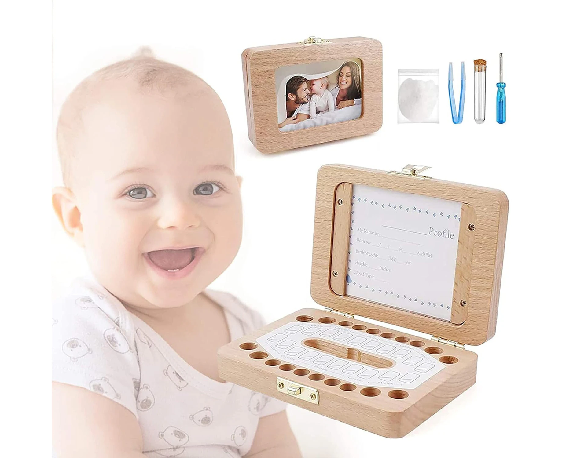 Baby Tooth Box Wooden Baby Teeth Storage Box, Kids Keepsake Organizer for Baby Teeth and Hair,Baby Shower& Birthday Gift