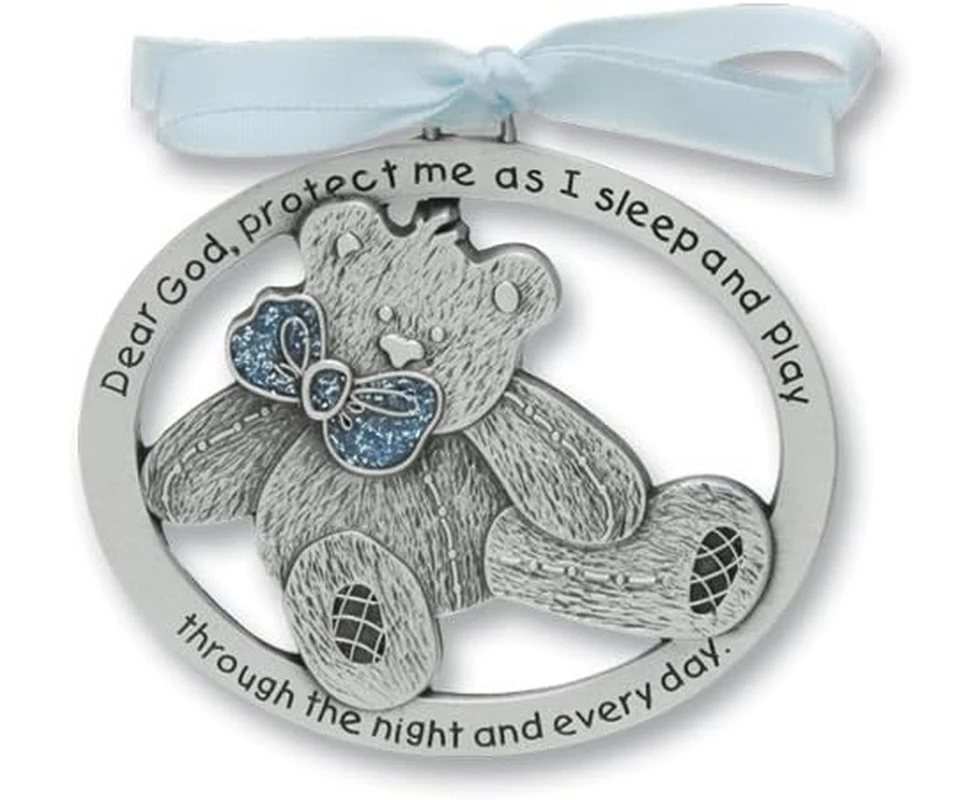 Sweet Teddy Bear Crib Medal for Baby Boy Crib Medal with Verse 2-1/2 Pewter Finish - Christening/Shower Gift/Baptism Keepsake/with Blue Ribbon- Infant - Ne