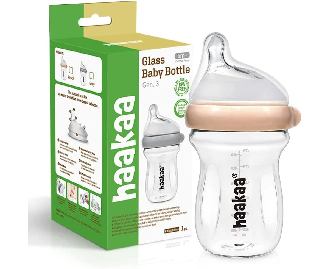 haakaa Gen.3 Glass Baby Bottle 180ml, with Anti-Colic Valve, Fast Flow, Mimic Breastfeeding, temprature Resistant (Peach)…