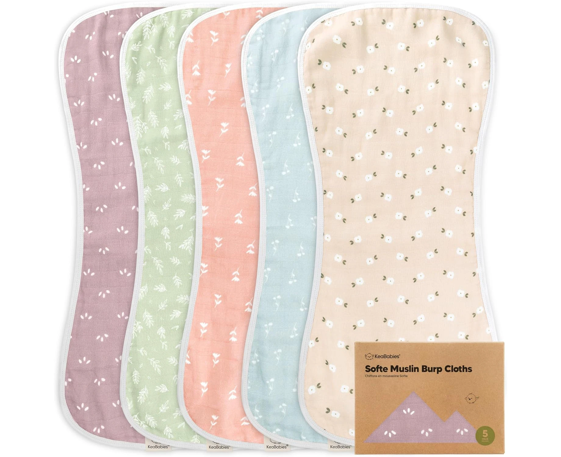 KeaBabies 5-Pack Muslin Baby Burp Cloths - Organic White Bamboo Cotton Cloth Rags Neutral Clothes for Boy,Girl,Newborn,Unisex Large Absorbent (Blooms),(Mod