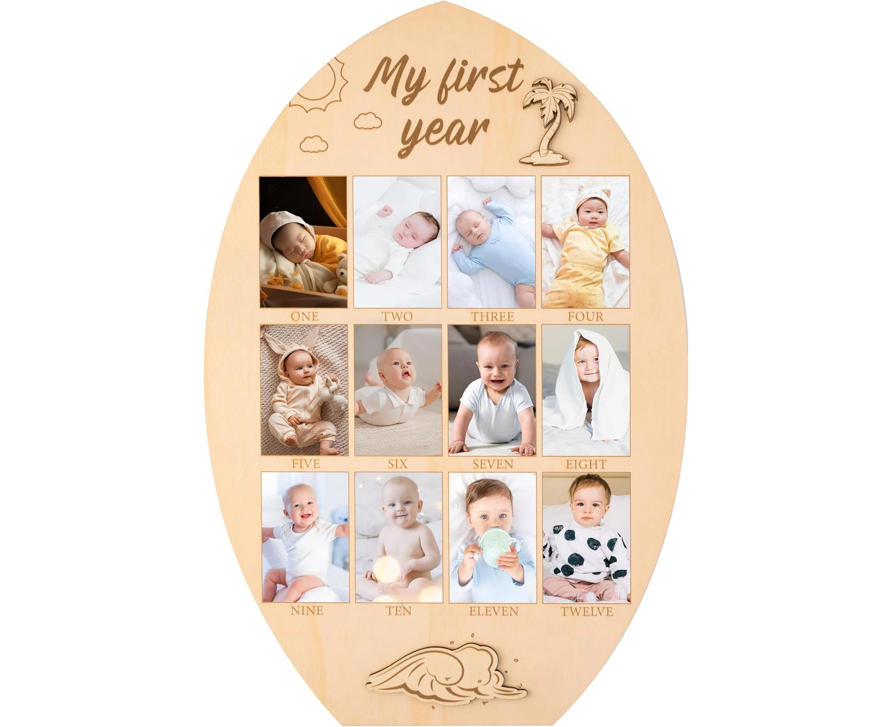 R HORSE My First Year Photo Frame Board - Baby’s First Year Picture Frame 12 Months Milestone Board Surfboard Photo Display Wood Board 1st Birthday Frame N