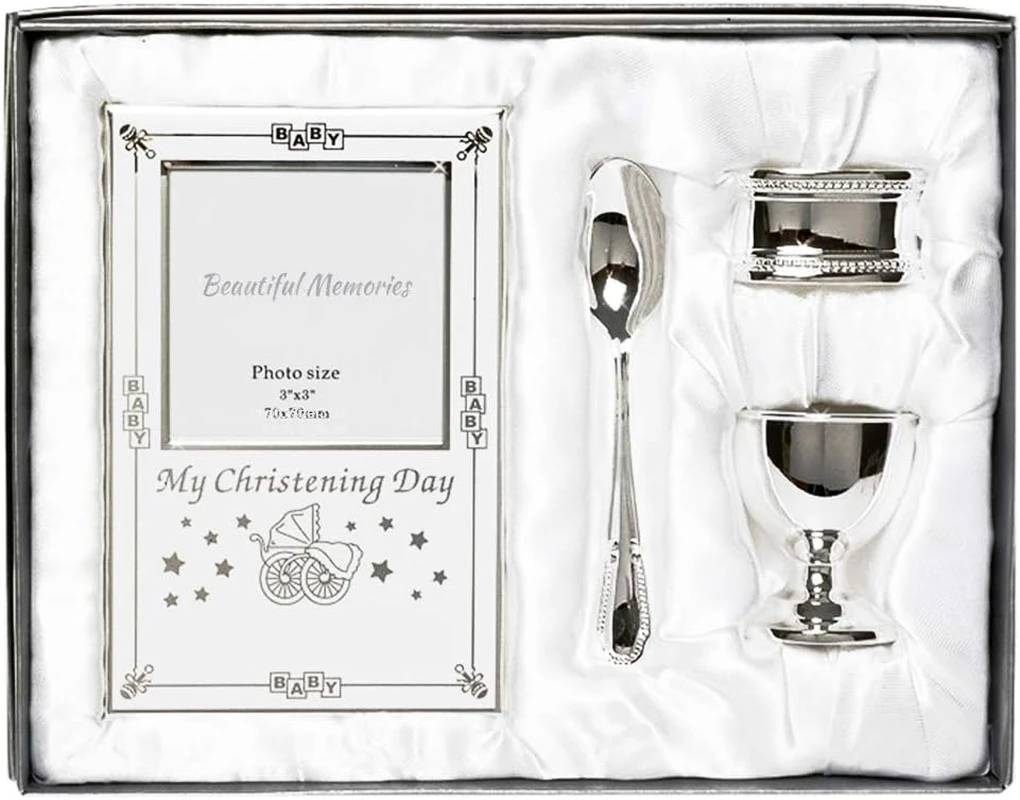 Silver Plated Christening Day Gift Set 4-Piece, Includes Egg Cup, Spoon, Baby Photo Frame, Napkin Ring, Presentation Gift Boxed