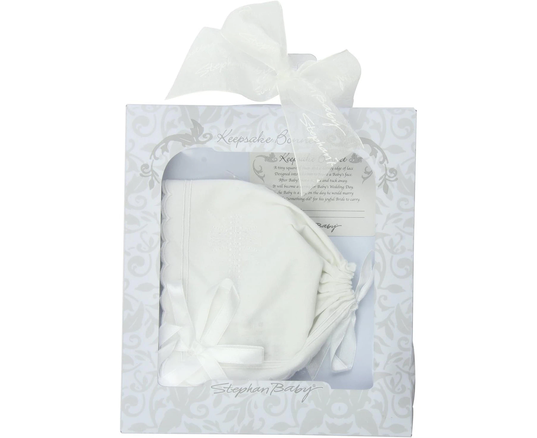 Stephan Baby Bonnets - White Cotton Christening Bonnet with Cutwork Embroidered Cross and Satin Bows, One Size, Scalloped Hem