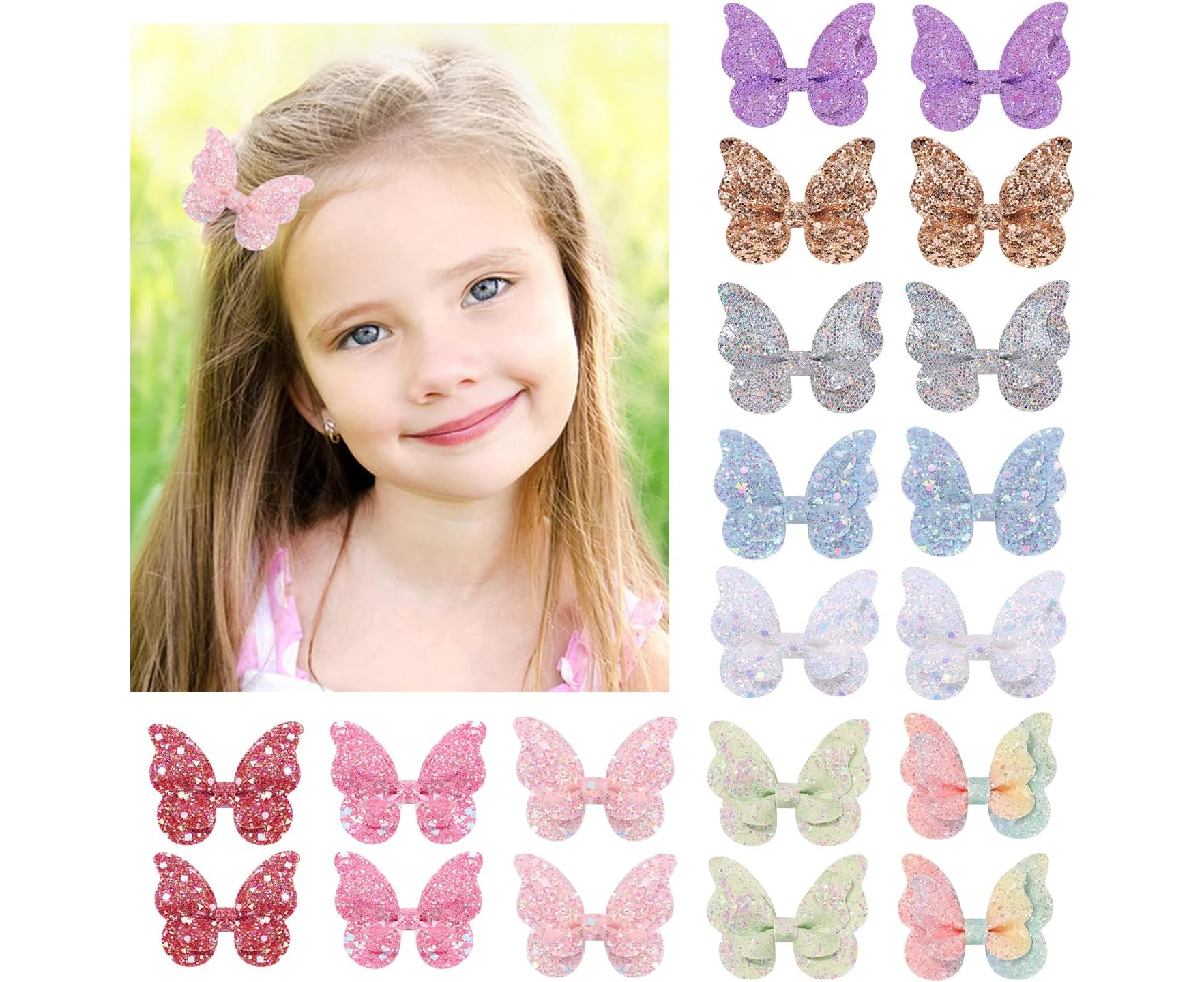 Glitter Butterfly Hair Clips 20PCS, Christmas Sequins Bow Hair Clips for Girls Large 2.7 Inch Sparkle Bow Hair Clips Infant Hair Bows Barrettes Hair Clips