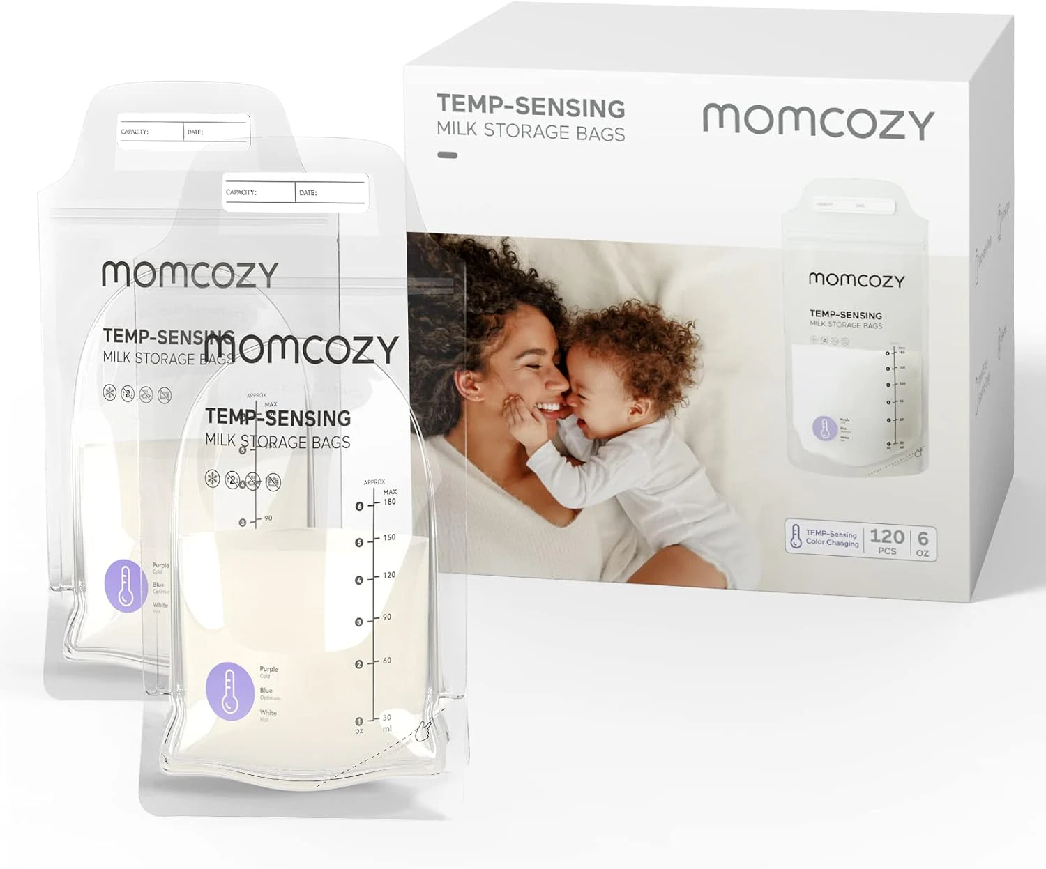 Momcozy Breastmilk Storage Bags 120PCS, Temp-Sensing Discoloration Milk Storing Bags for Breastfeeding, Disposable Milk Storage Bag with 6 Ounce Self Stand