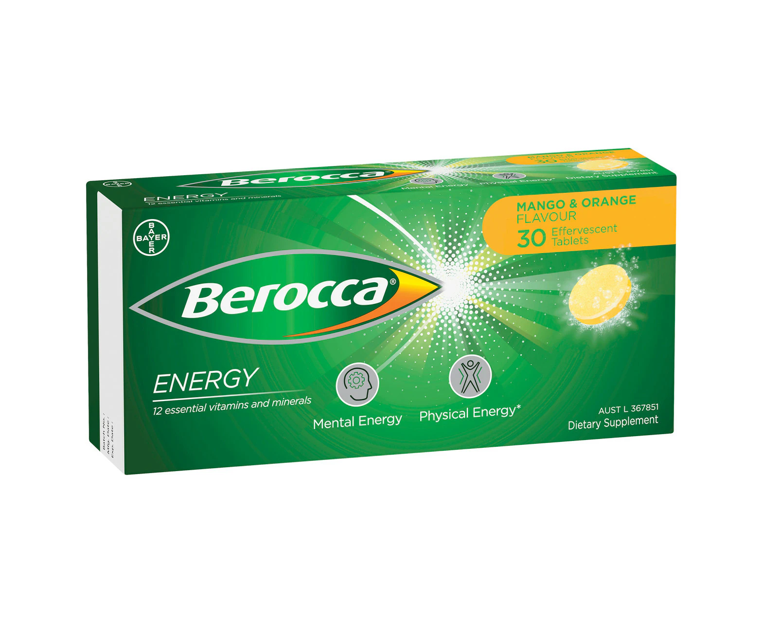 Berocca Energy Vitamin B & C Mango & Orange Flavour Effervescent Tablets 30 Pack