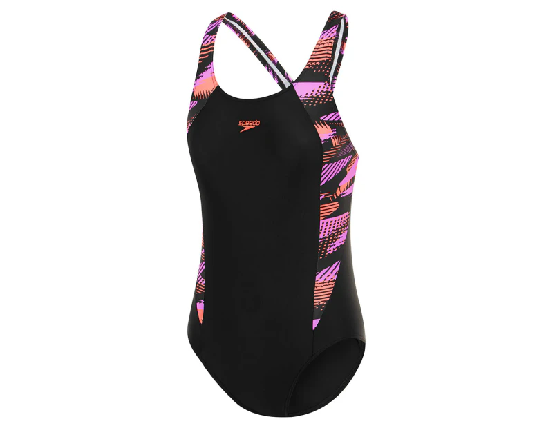 Speedo Girls' Hyperboom Splice Muscleback One-Piece Swimsuit - Black/Coral Sands