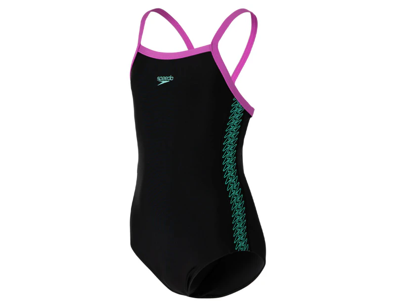 Speedo Girls' Hyperboom Thinstrap Muscleback One-Piece Swimsuit - Black/Arctic Glass