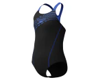 Speedo Girls' Logo Medalist One-Piece Swimsuit - Black/Cobalt