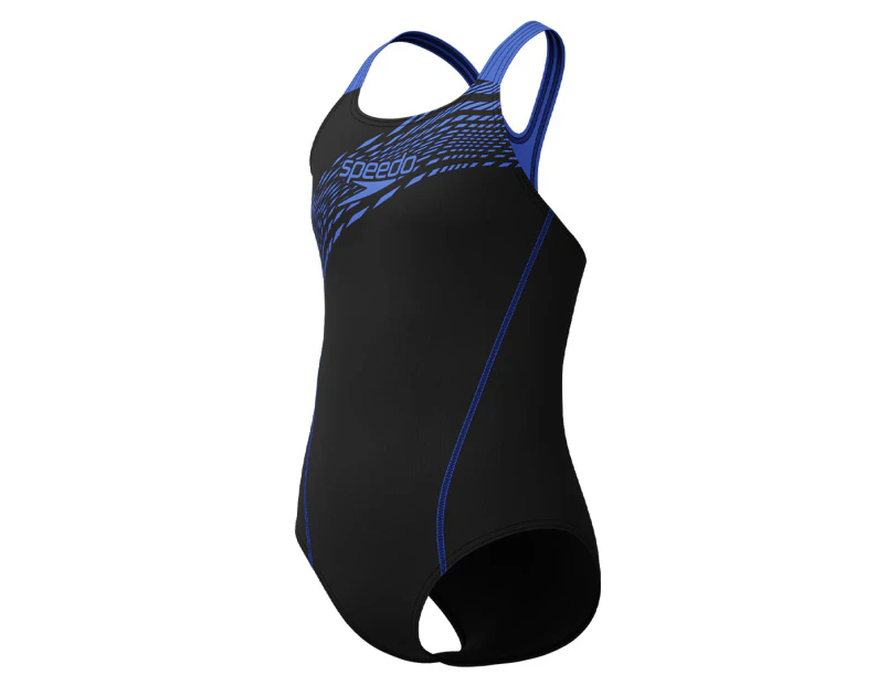 Speedo Girls' Logo Medalist One-Piece Swimsuit - Black/Cobalt